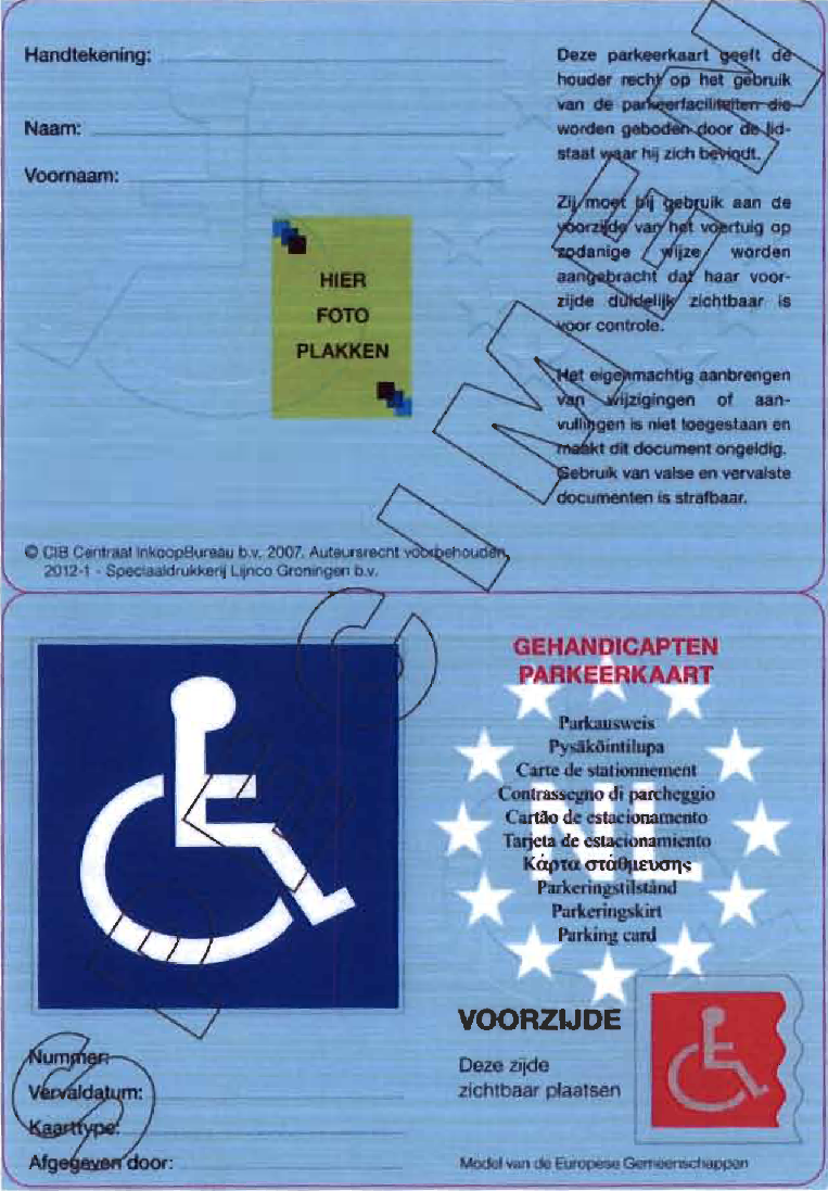 Voorbeeld Europese gehandicaptenparkeerkaart Europese gehandicaptenparkeerkaart